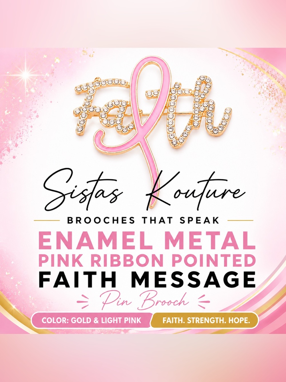 Gold & Light Pink Faith Enamel Ribbon Pin Brooch